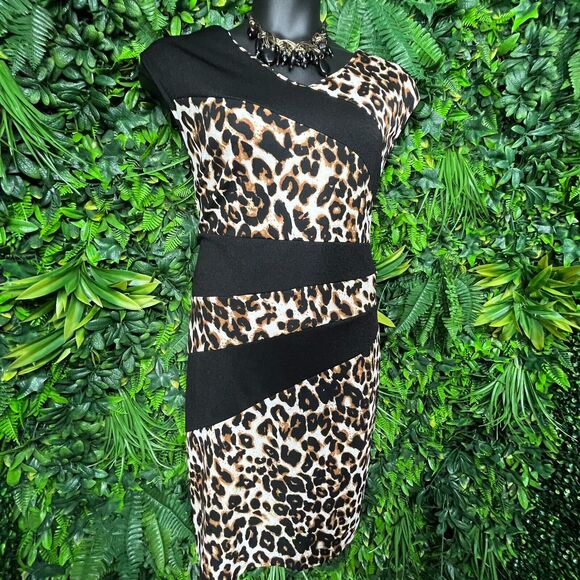 Women Dress Plus 3XL Black Leopard V Neck Sheath Stretch Fitted Spin 0976 - Picture 6 of 12